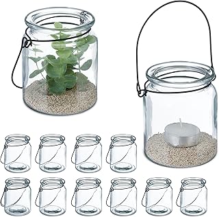 Relaxdays Windlicht Glas, 12er Set, Teelichthalter mit Henkel, HxD: 9,5 x 8 cm, runde Kerzengläs…