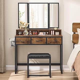 VASAGLE Doppel-Unterschrank-Set mit gepolstertem Hocker, Schminktisch mit Dreispiegel, 3 Schublad…